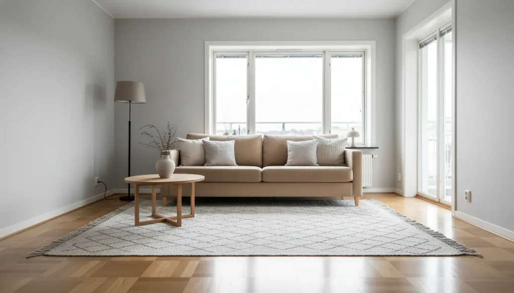 Canapé beige dans un salon scandinave lumineux