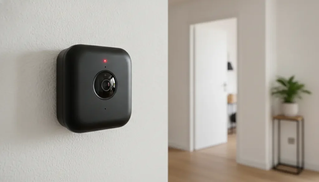 Système d'alarme sans fil avec caméra installé sur un mur blanc dans un couloir de maison moderne, boîtier noir compact avec objectif HD et LED rouge active