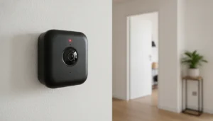 Système d'alarme sans fil avec caméra installé sur un mur blanc dans un couloir de maison moderne, boîtier noir compact avec objectif HD et LED rouge active
