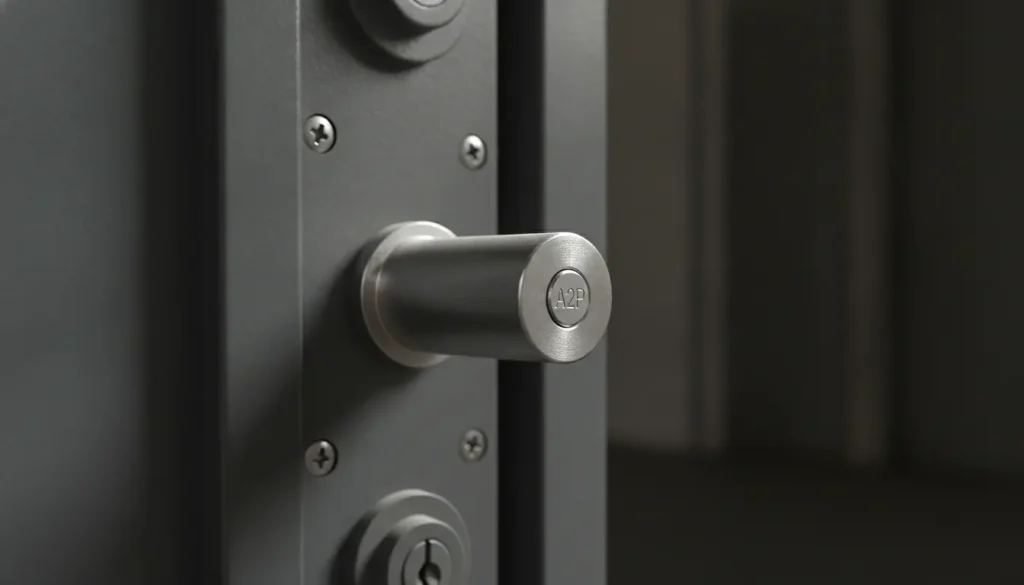 Serrure multipoints haute sécurité sur porte blindée anthracite, barillet certifié A2P en métal brossé argenté