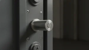 Serrure multipoints haute sécurité sur porte blindée anthracite, barillet certifié A2P en métal brossé argenté