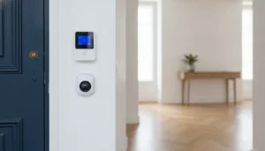 Centrale d'alarme maison connectée et détecteur de mouvement installés dans une entrée résidentielle française, lumière naturelle intérieure