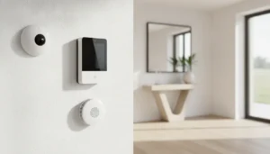 Système d'alarme maison sans fil : centrale et détecteur de mouvement installés dans une entrée de maison individuelle contemporaine