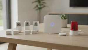 Kit d'alarme maison sans abonnement avec centrale, détecteurs infrarouges, capteurs de porte et badge RFID, intérieur contemporain