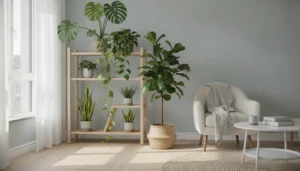 Collection de plantes vertes d'intérieur saines près d'une fenêtre lumineuse dans un salon