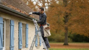 Gouttière de toiture propre après nettoyage, façade de maison individuelle, échelle appuyée contre le mur