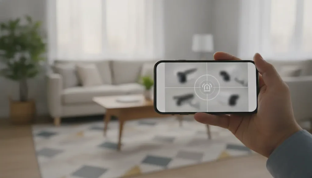 Main tenant un smartphone affichant une application de sécurité domestique dans un salon moderne