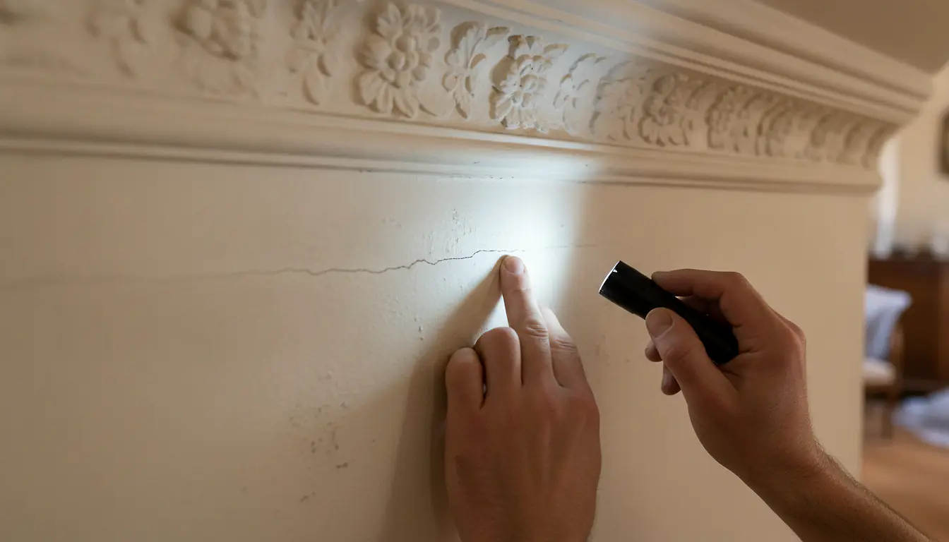 Mains d'un professionnel inspectant une fissure sur un mur ancien en plâtre près d'une moulure