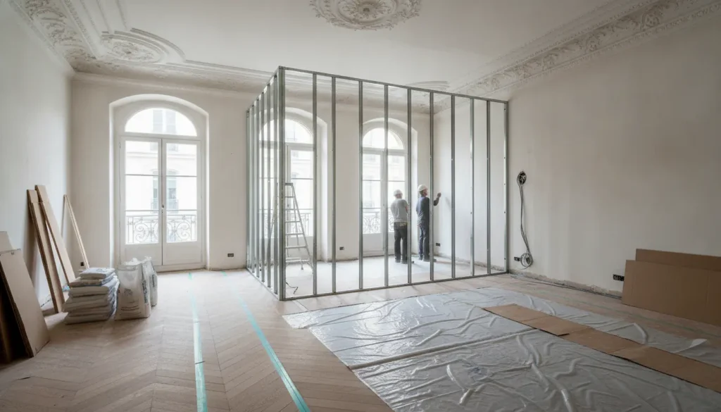 Appartement haussmannien en rénovation avec ossature de cloison en cours de pose et parquet protégé